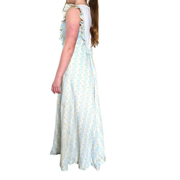 Hilda Hawaii 1970s Maxi Dres Vintage Sleeveless Floral Maxi Ruffle White Bib S - Picture 10 of 11